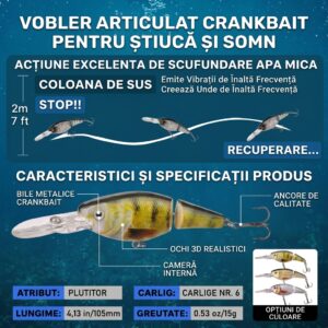 Set 3 Voblere Minnow Jointed 105 mm, 15 g, Floating, 2 Segmente, 2 Ancore Treble, 3D Eyes, pentru Pescuit Știucă