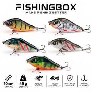 Set 5 Voblere Slider Jerkbait FishingBox 10 cm, 49 g – Năluci Știucă Sinking cu Bile Metalice (Rattles)